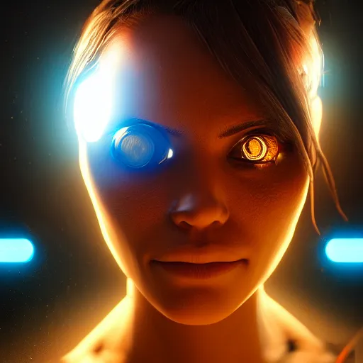 Image similar to cyborg lady with glowing eyes, trending on artstation, smooth, detailed, sharp focus, masterpiece, epic, realistic,volumetric lighting, great, uhd, 4k, by artstation