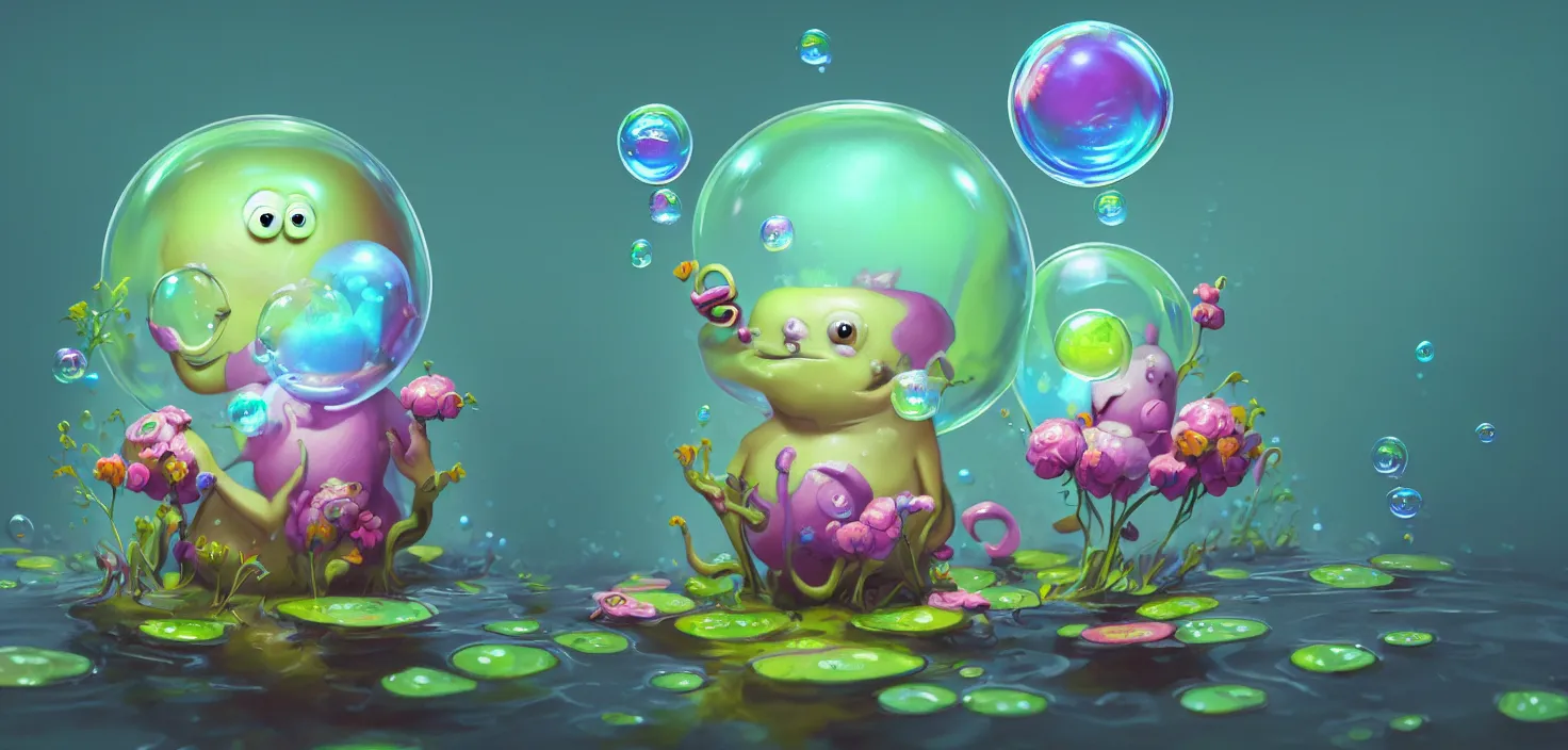Prompt: intricate colourful murky nature with cute friendly happy bubble funny face appearing from the flowers in water, in the style of craola, shallow depth of field, highly detailed, digital painting, trending artstation, concept art, illustration, cinematic lighting, vibrant colors, photorealism, epic, octane render