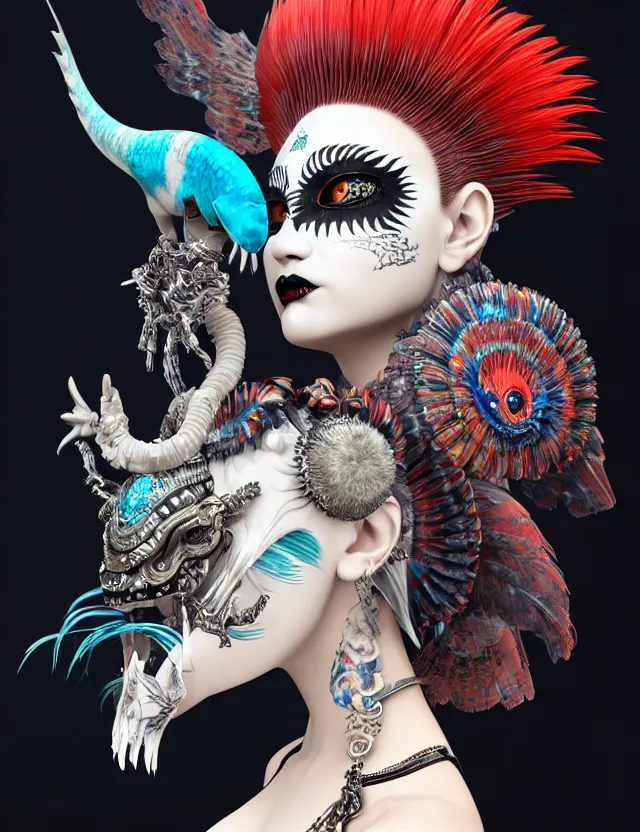 Image similar to 3 d goddess close - up profile portrait punk with mohawk with ram skull. beautiful intricately detailed japanese crow kitsune mask and clasical japanese kimono. betta fish, jellyfish phoenix, bio luminescent, plasma, ice, water, wind, creature, artwork by tooth wu and wlop and beeple and greg rutkowski