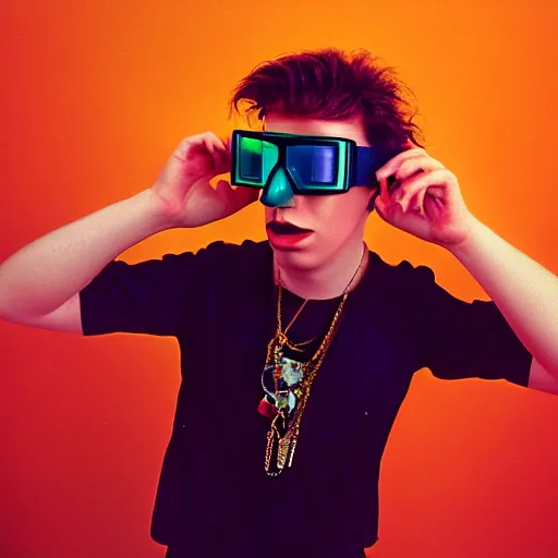 Image similar to kodak ektachrome e 1 0 0 photograph of a nerdy goth guy wearing goggles and eclectic jewelry, moody lighting, telephoto, 9 0 s vibe, blurred background, vaporwave colors, faded!,