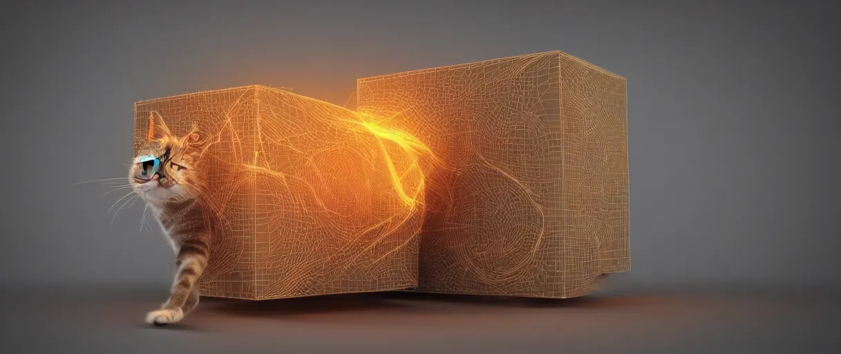 Image similar to 3 d render of schrodinger's cat in a box, quantum paradox, dead and alive, quantum superposition, waves and particles, wave function, scifi style, concept art, artsation 4 k