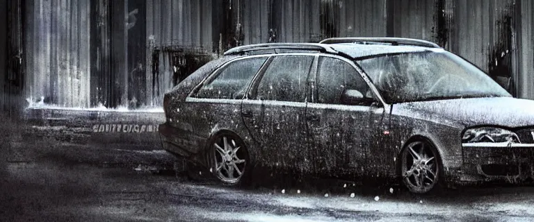 Image similar to Audi A4 B6 Avant (2002), a gritty neo-noir, dramatic lighting, cinematic, eerie person, death, homicide, homicide in the snow, viscera splattered, gunshots, bullet holes, establishing shot, extremely high detail, cracked windows, photorealistic, arson, burning car wreck, cinematic lighting, artstation, by simon stalenhag, Max Payne (PC) (2001) winter New York at night, In the style of Max Payne 1 graphic novel, flashing lights, Poets of the Fall - Late Goodbye