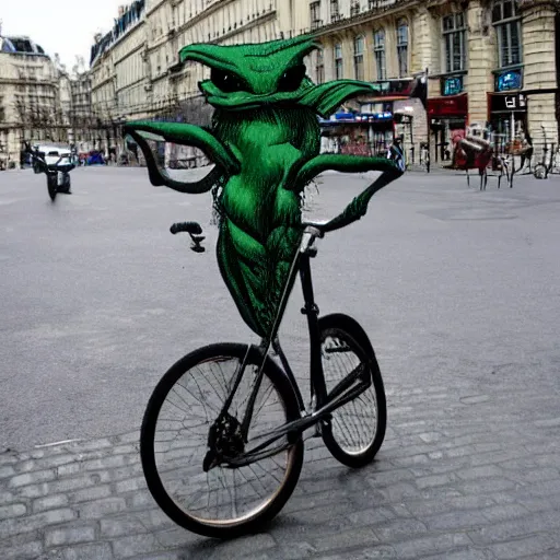 Image similar to cthulhu riding a bike in paris