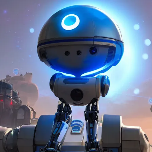 Image similar to friendly robot with a glowing blue heart in front of a clean white sci-fi dome in a pleasant urban setting, peaceful, majestic, a sense of hope, in style of apex legends, art station, ultra hd, soft light, overhead sun, ultra hd, art station