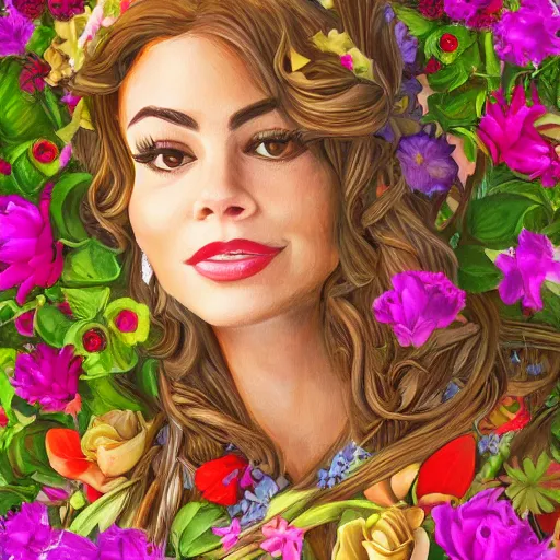 Image similar to sofia vergara is the goddess of flowers, Trending on Artstation, detailed heavenly artwork.