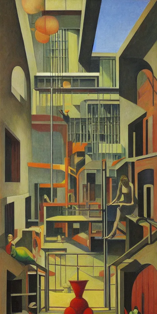 Prompt: fantastical brutalist atrium, grant wood, pj crook, edward hopper, colorful, oil on canvas