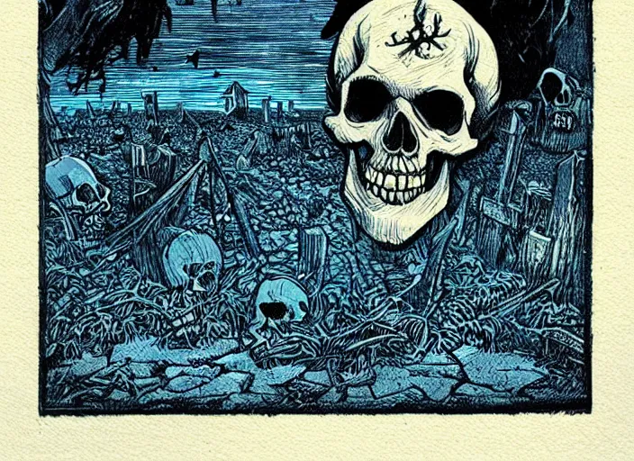 Image similar to blue woodcut print, cartoon halloween skull in graveyard at midnight by greg rutkowski, fine details, highly detailed