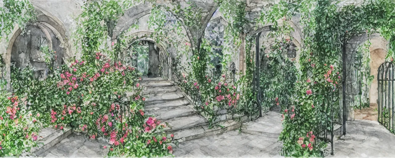 Prompt: courtyard walkway in an overgrown castle, sunny, stairway, chairs, wrought iron gate, tree, delicate, botanic garden, garden road, temple in a botanical herbarium paper, watercolor colored painting, iridescent colors, 8 k, realistic shaded, fine details, artstation, italian style, colonnade, huge flower