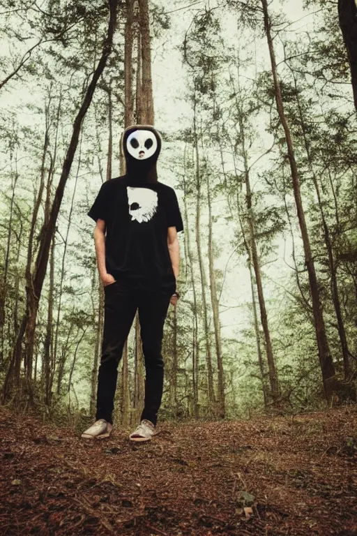 Prompt: a high definition film photograph of a creepy man standing in a dense forest wearing a clean white t - shirt and a retro vintage creepy animal mask, hipster cinematic colors, trending on instagram, photography, sigma 8 5 mm f / 1. 4