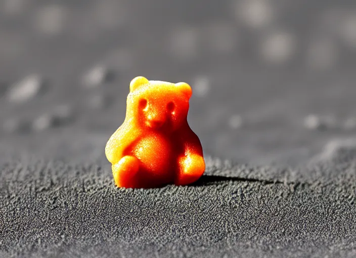 Image similar to a gummy bear walking on the moon staring back at a tiny earth, photorealistic, 5 5 mm, 1 6 k details, hyperrealist, side shot, wide lens, cinematic