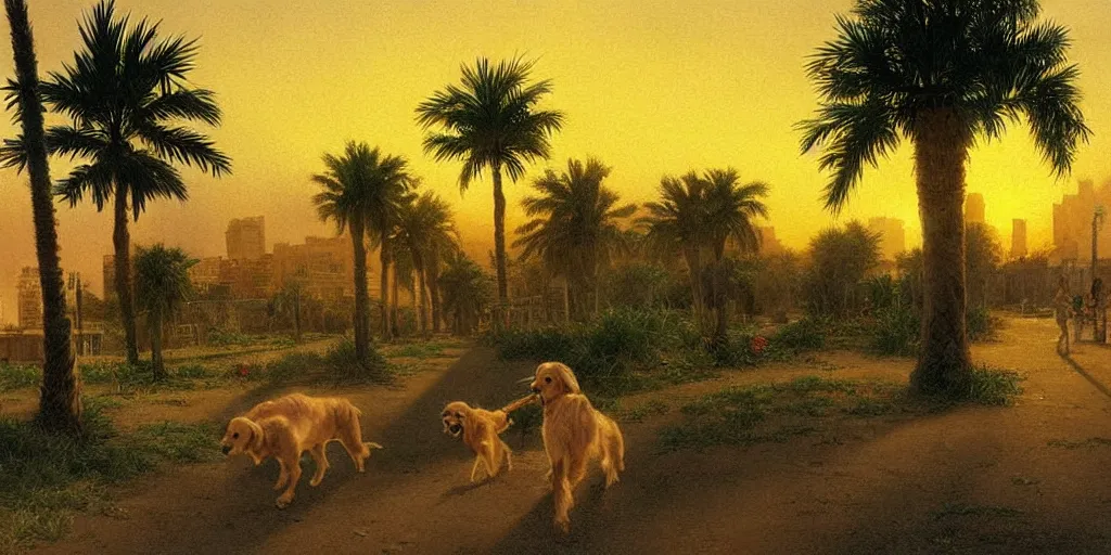 Image similar to golden retriever dog walking in tel aviv street looking at the camera. palm trees. realistic. sunset. high quality. digital art. watercolor. highly detailed. drawing. art. colorful. fluffy art by albert bierstadt