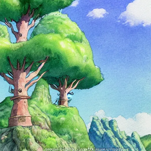 Image similar to laputa castle in the sky robot hayao miyazaki stands in a small clearing among trees, watercolor illustration for a book