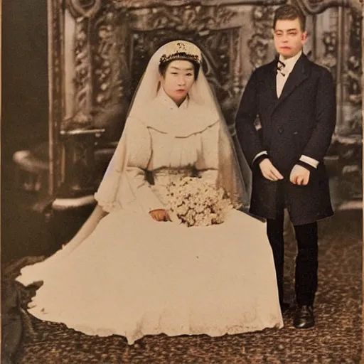 Image similar to a wide full shot, colored russian and japanese mix historical fantasy of a photograph taken of a royal wedding opening remarks, photorealistic, warm lighting, 1 9 0 7 photo from the official wedding photographer for the royal wedding.