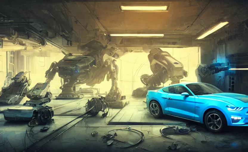 Prompt: close up interior shot, scifi robot repair workshop, one large blue mustang car, full car profile shot with 85mm, futuristic product car shot, neon lights, Craig Mullins, Greg Rutkowski, volumetric light, artstation, octane render