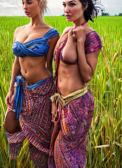 Prompt: portrait of lindsey pelas and gal gadot wearing tied batik shirt and sarong harvesting a paddy field, by charlotte grimm, natural light, detailed face, canon eos c 3 0 0, ƒ 1. 8, 3 5 mm, 8 k, medium - format print, half body shot