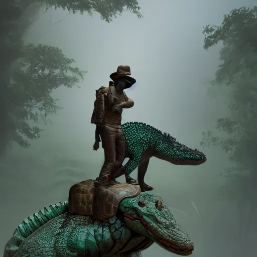 Image similar to Statue of man with crocodile on his back in misty jungles, 8k, detailed, concept art, trending on artstation