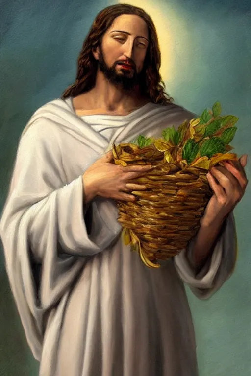 Prompt: painting of jesus christ with blindfold!!!!!! holding cornucopia!!!!!!