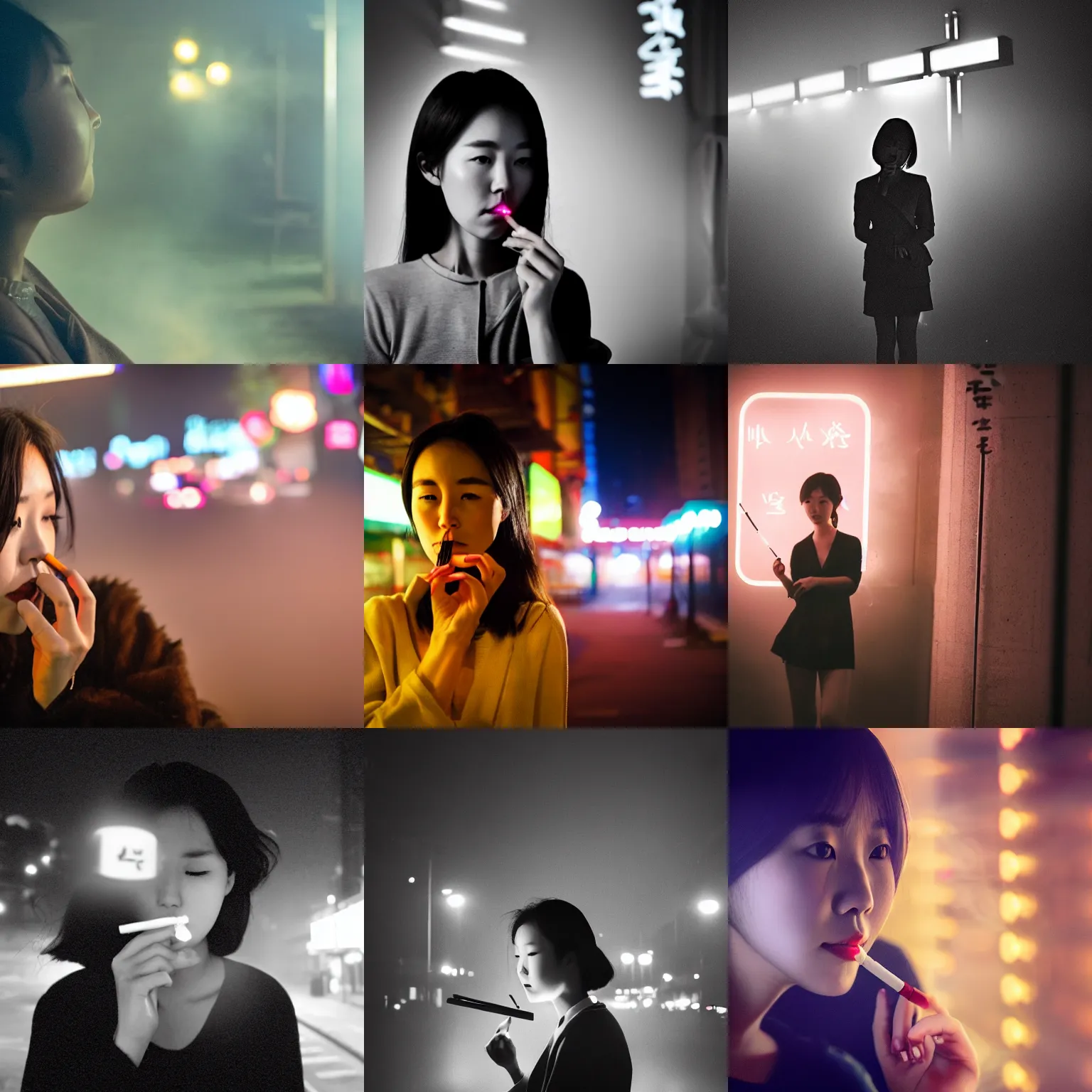 Prompt: a photo of a Korean woman, her face beautifully lit by a neon sign as she smokes a cigarette, highly atmospheric and foggy, shot on an arri lens