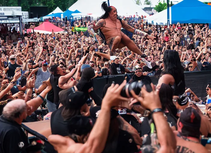 Image similar to photo still of danny trejo at vans warped tour!!!!!!!! at age 6 3 years old 6 3 years of age!!!!!!! stage diving at a crowd, 8 k, 8 5 mm f 1. 8, studio lighting, rim light, right side key light