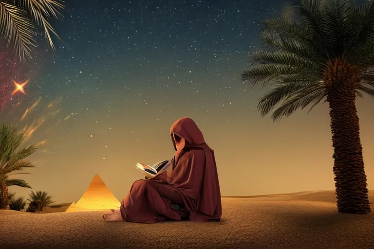 Image similar to a hooded Druid sitting under a palm tree in the Egyptian desert reading ancient scrolls in the light from a small fire at night, brown cloak, desert, starry sky, an ancient city far in the distance, strong dramatic cinematic lighting, lost civilizations, smooth, sharp focus, extremely detailed