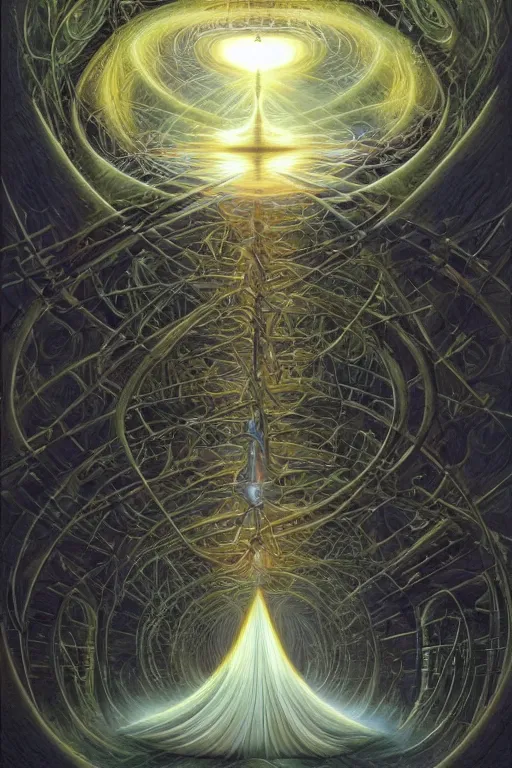 Prompt: an advanced technological computer!!!!!, surrounded by a dark cabal of hooded elven mystics with long robes gathered in a circular formation, michael whelan, dan seagrave, boris vallejo, quantum computer!!!! quantum computer