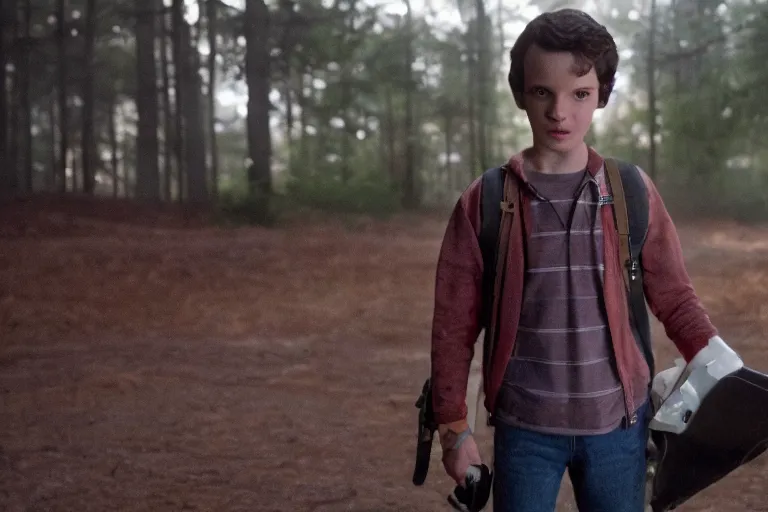 Image similar to film still of Henry Thomas (Elliot from ET) as Mikey in stranger things, 4k