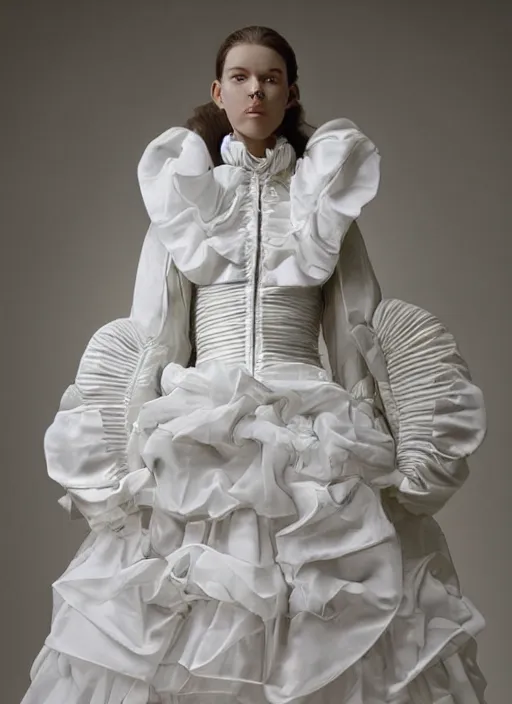 Image similar to an early 0 0's digital portrait of a beautiful girl detailed features wearing a wedding dress with a puffy skirt utility - chic trend. lots of zippers, pockets, synthetic materials, jumpsuits. by balenciaga and issey miyake by ichiro tanida and mitsuo katsui