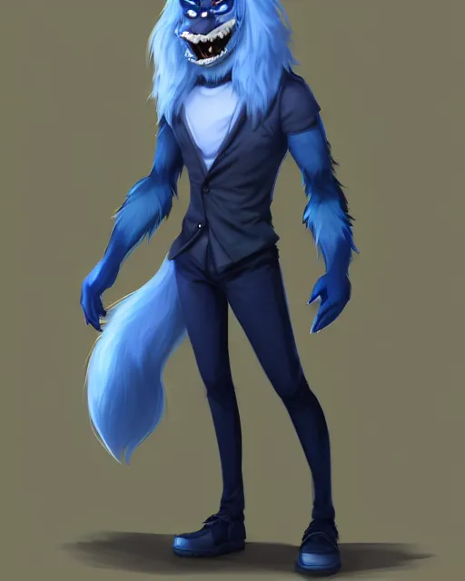 Image similar to character concept art, cute adult male anthropomorphic furry, cute fine face, darkblue werewolf, pants, pretty face, key visual, long human lightblue hair, realistic shaded furry face, fine details by stanley artgerm lau, wlop, rossdraws, james jean, andrei riabovitchev, marc simonetti, and sakimichan