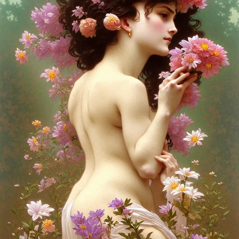 Image similar to a wonderful goddess with a body of beautiful flowers, intricate, elegant, highly detailed, wonderful eyes, cute, digital painting, artstation, concept art, smooth, clear focus, illustration, art by artgerm and greg rutkowski, alphonse mucha and william - adolphe bouguereau