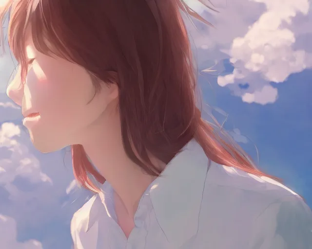 Image similar to teen looking at blue sky, wearing white shirt, back turned, looking up, illustration, by pine ( ハイネ ) and 薯 子 imoko and 香 川 悠 作 and wlop and maya takamura, highly detailed, trending artstation, pixiv, digital art