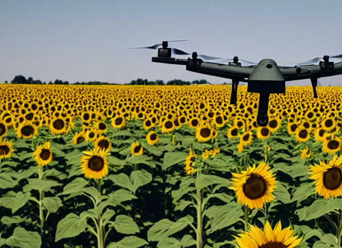 Image similar to Propaganda Poster of an American Military UAV in a sunflower field.