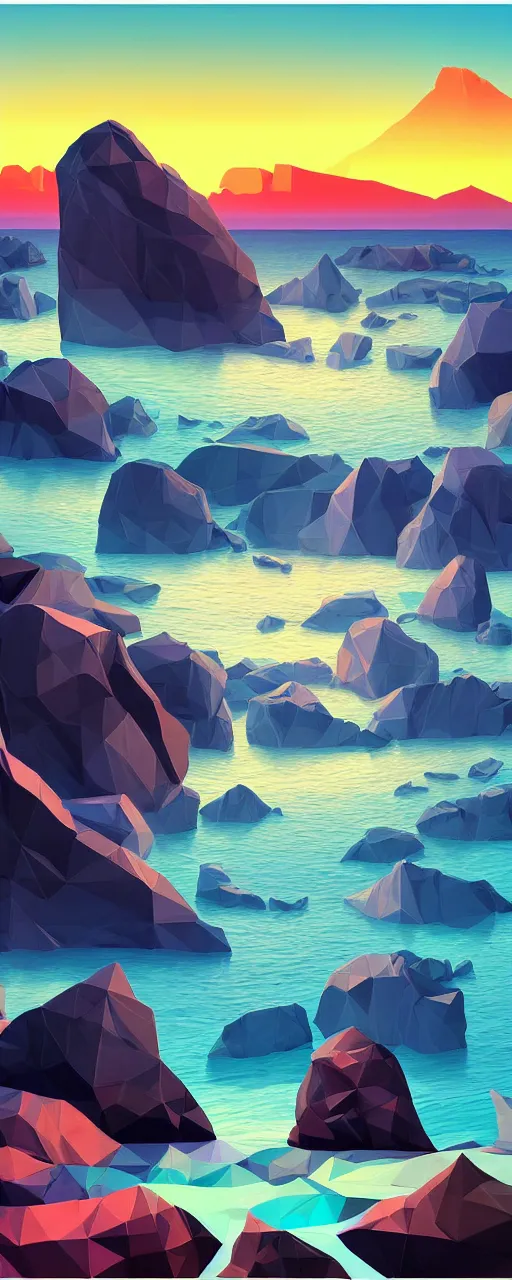 Prompt: super detailed color lowpoly art, northern sunset with rocks on front, monochrome photorealistic bay in the middle of perspective and mountains at background, big graphic ship in the middle of composition, unreal engine, high contrast color palette, 3 d render, lowpoly, colorful, digital art, perspective, full volume composition, robb cobb, robert mccall, syd mead