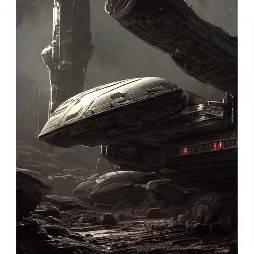 Image similar to a photorealistic picture of the Nostromo spaceship landed on a dark planet, lot of details, greeble and nurnies, dark mood, cinematic, realistic