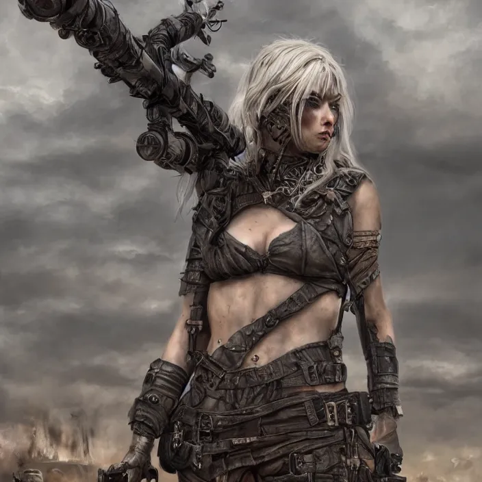 Image similar to beautiful apocalyptic woman in hood, standing on mad max panzer tank, hyper-detailed, smooth, sharp focus, 4k ultra hd, fantasy dark art, tank girl, artgerm, artstation, octane render, elegant, detailed digital painting, apocalyptic art