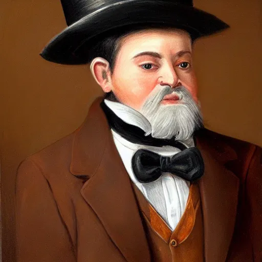 Prompt: detailed portrait painting of a gentleman Dwarf wearing brown tuxedo and top hat