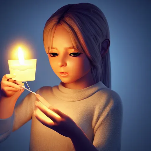 Image similar to A cute girl holding a glowing candle, fragile, soft, vray, hyperdetailed, 3d character, game character