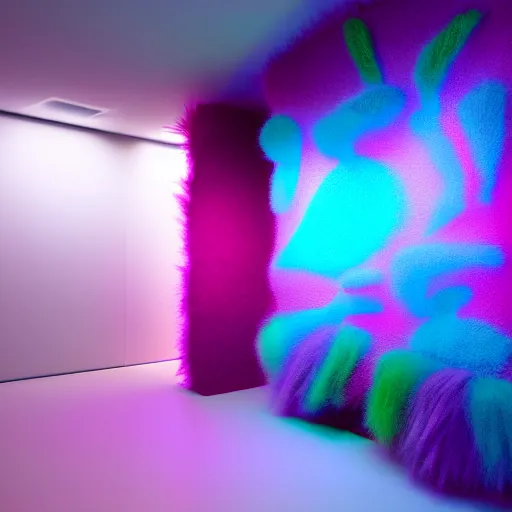 Image similar to : colorful abstract fuzzy sculpture on the wall in modern architecture studio, cinematic lighting, hyper - realistic, detailed, render by c 4 d octane, unreal engine, 8 k 3 d render