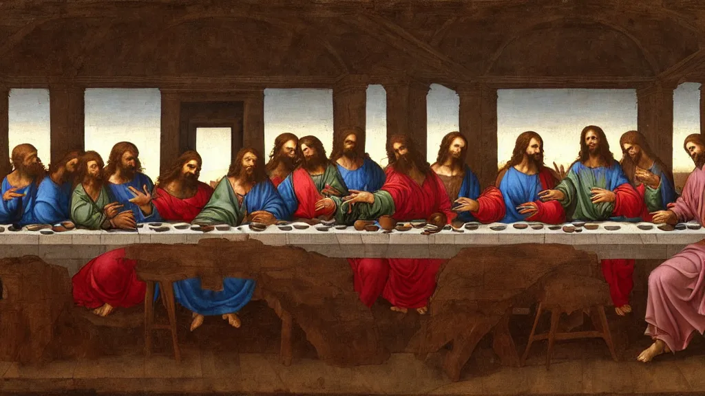 Image similar to the last supper by da vinci but jesus and his disciples are all dabbing