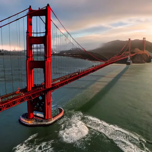 Prompt: a crumbling golden gate bridge, still