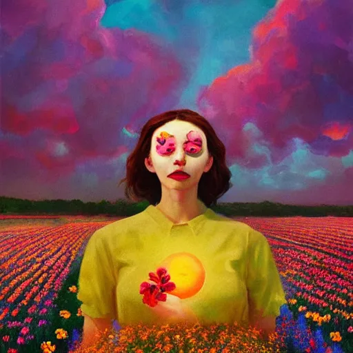 Image similar to woman with flower as face, surreal photography, standing in flower field, sunrise dramatic light, impressionistic painting, colorful clouds, artstation, dali, simon stalenhag