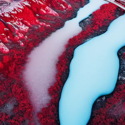 Prompt: an award - winning aereal photo of a red river, with a snowy white mountain and ice, drammatic lighting, drone, ƒ / 8, behance