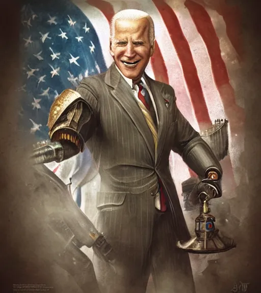 Image similar to portrait of joe biden cosplaying bioshock, by wlop, by simon stalengrad, bioshock screenshot, photorealistic fan art, intricate shading, steampunk, patriot