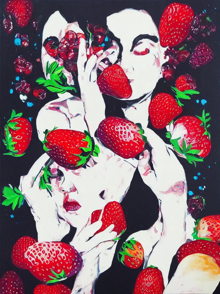 Image similar to “art in an Australian artist’s apartment, portrait of a woman wearing white cotton cloth, eating luscious fresh raspberries and strawberries and blueberries, edible flowers, black background, intricate, bold colour, acrylic and spray paint and oilstick on canvas”