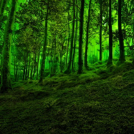 Prompt: a mystical forest, nighttime, glowing green jelly mushrooms, mossy, firefly trails