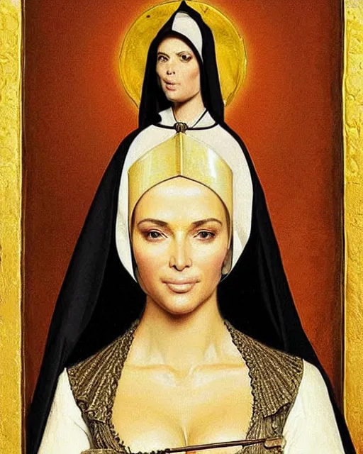 Image similar to kim kardashian as armored battle nun, delicate detailed medieval portrait in the style of eugene de blaas, perfect face