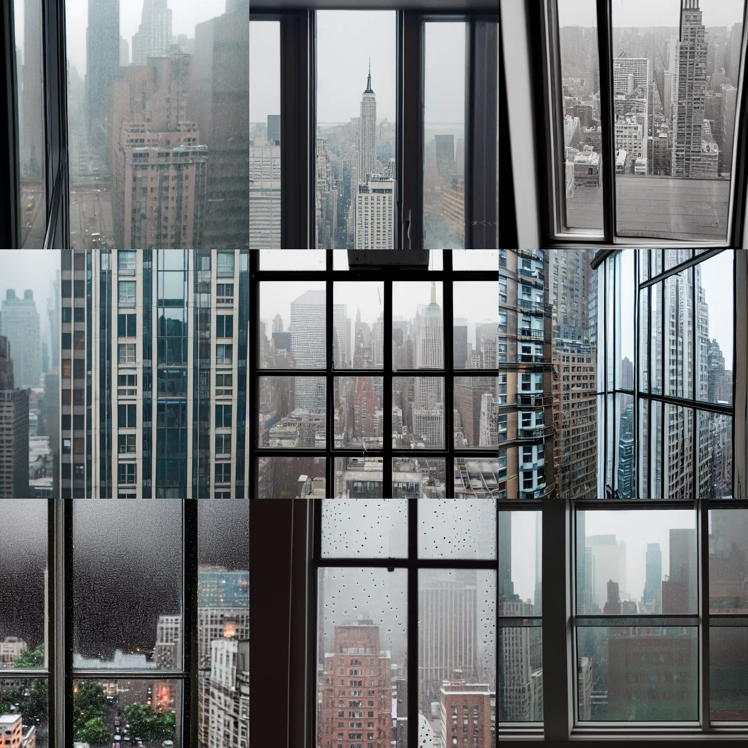 Prompt: view from a new york high rise apartment looking outside the window, rainy afternoon, gloomy, atmospheric, dslr, high quality, cloudy, sharp focus