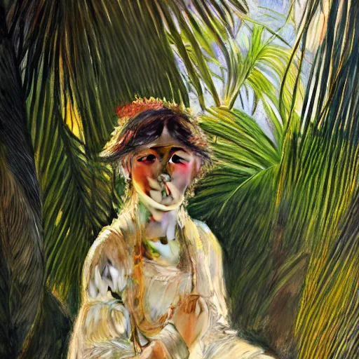 Image similar to a ultradetailed beautiful painting of a girl in the amazonas palace designed by jules bastien - lepage, hans belmer, frank weston and gustave baumann, beach, trending on artstation, mediterranean, palm trees, refracted color sparkles, sharp focus, soft light, 8 k 4 k