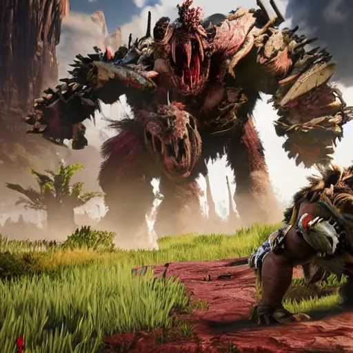 Image similar to gameplay of a orc brute bleeding in the style of horizon zero dawn