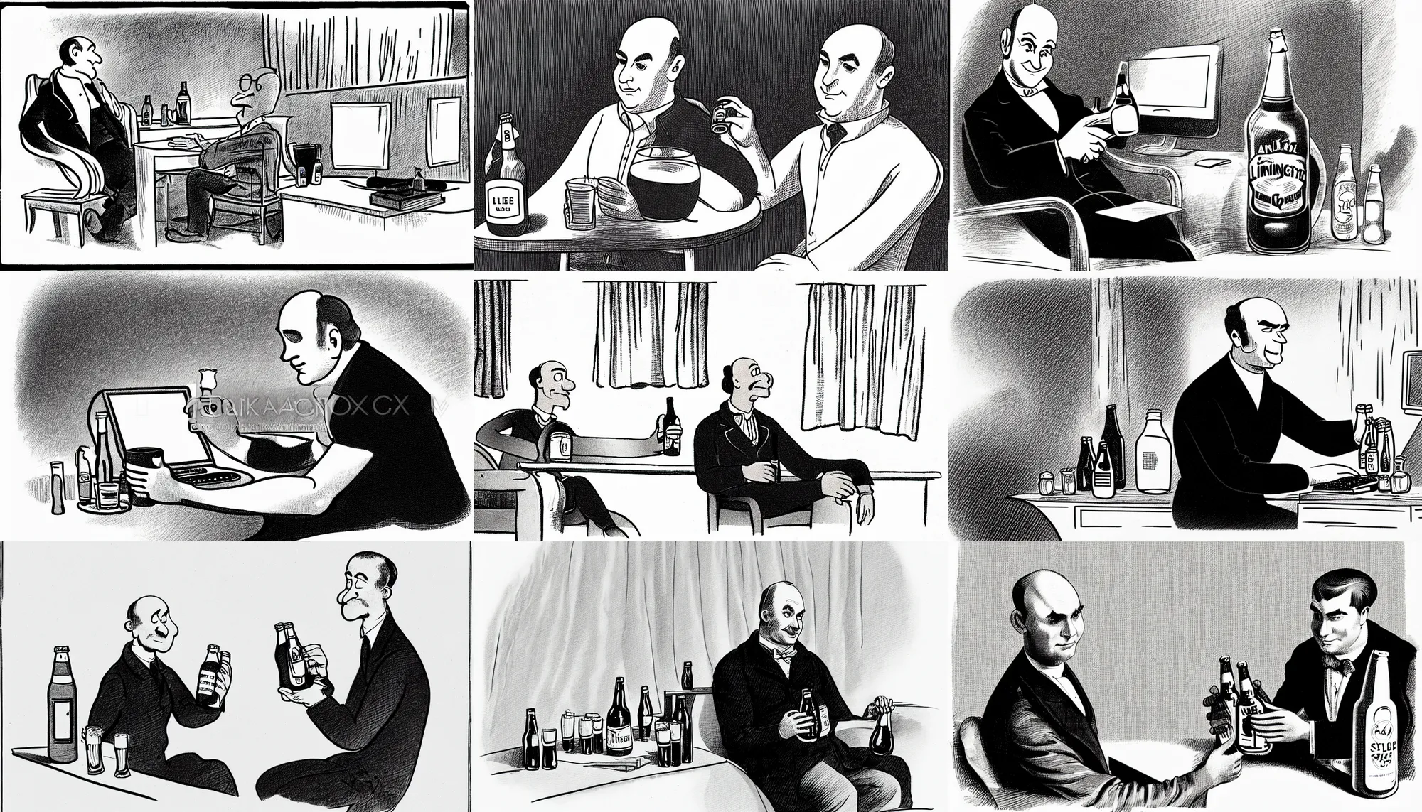 Prompt: a balding clean shaven man sits in front of a computer scene, holding an overflowing bottle of beer. In the style of Leslie Gilbert Illingworth, sketch, b&w, cartoon