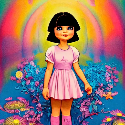 Image similar to dora the explorer as real girl in happy pose, detailed, intricate complex background, Pop Surrealism lowbrow art style, muted pastel colors, soft lighting, by Yosuke Ueno and Mucha,Contemporary Art Blog Magazine Alt Pop Surrealism Lowbrow Photography Sculpture Illustration Painting Surreal Fashion, artstation cgsociety